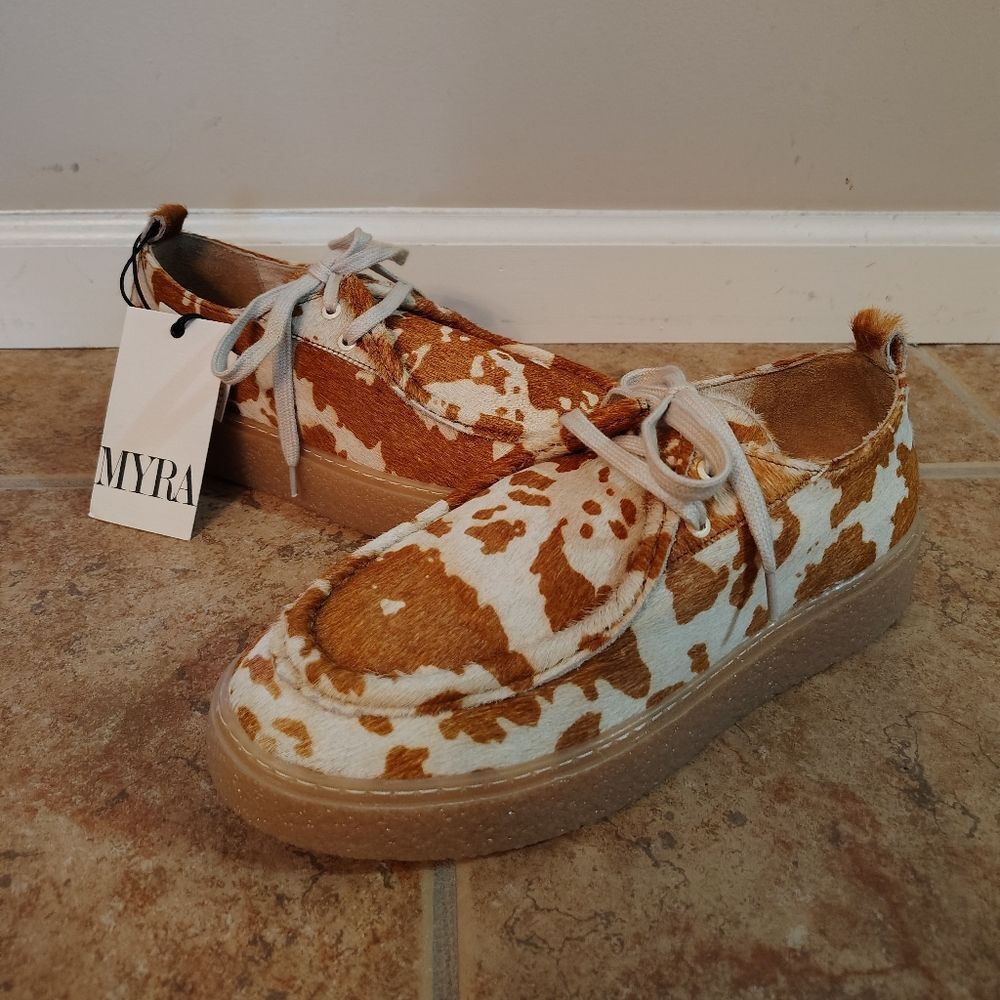 NWT MYRA Bag Cushy Brown Cow Print Leather Sneakers Size 10